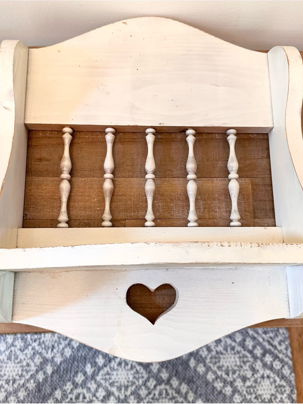 Vintage Cream Wooden Wall Shelf Heart Accent Shabby Paint Spindle 13.5 X 17 “